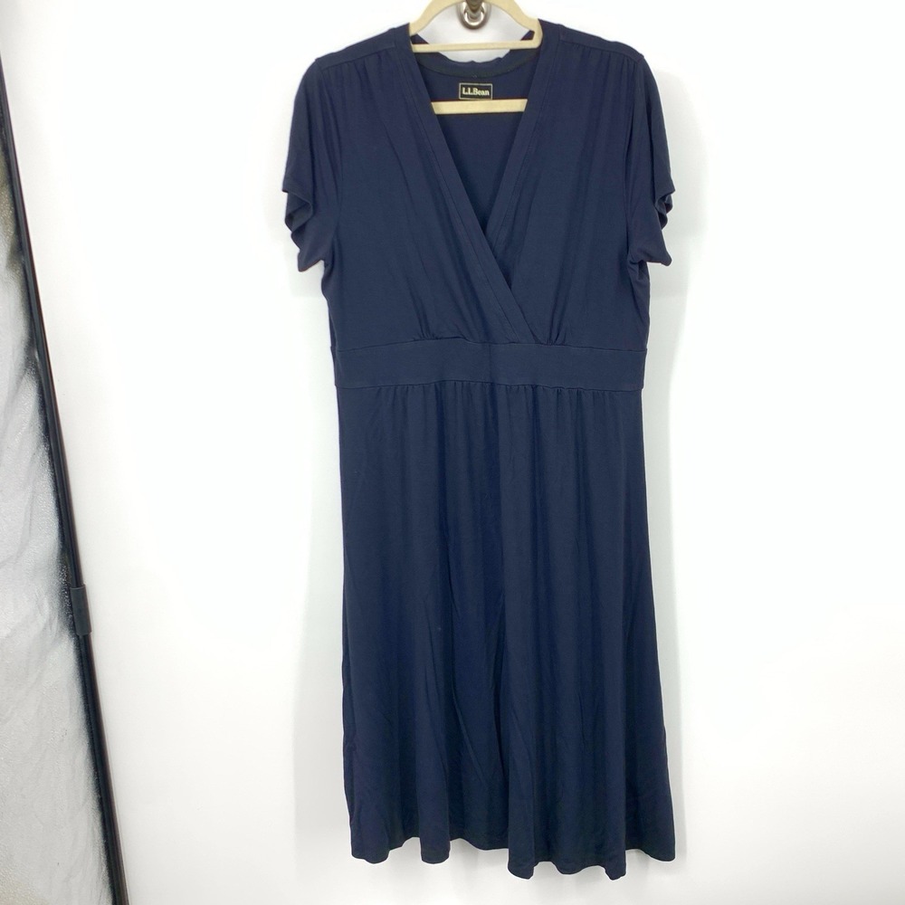 LL Bean Women Size XL Dress Solid Black V Neck Wrap Short Sleeve Jersey Stretch